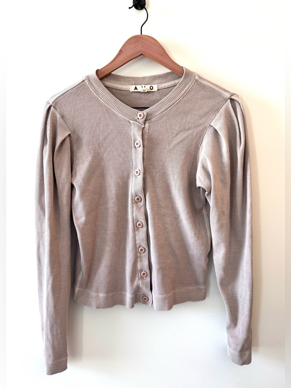 AMO Puff Sleeve Ribbed Cotton Cardigan Taupe Gray Large Made USA